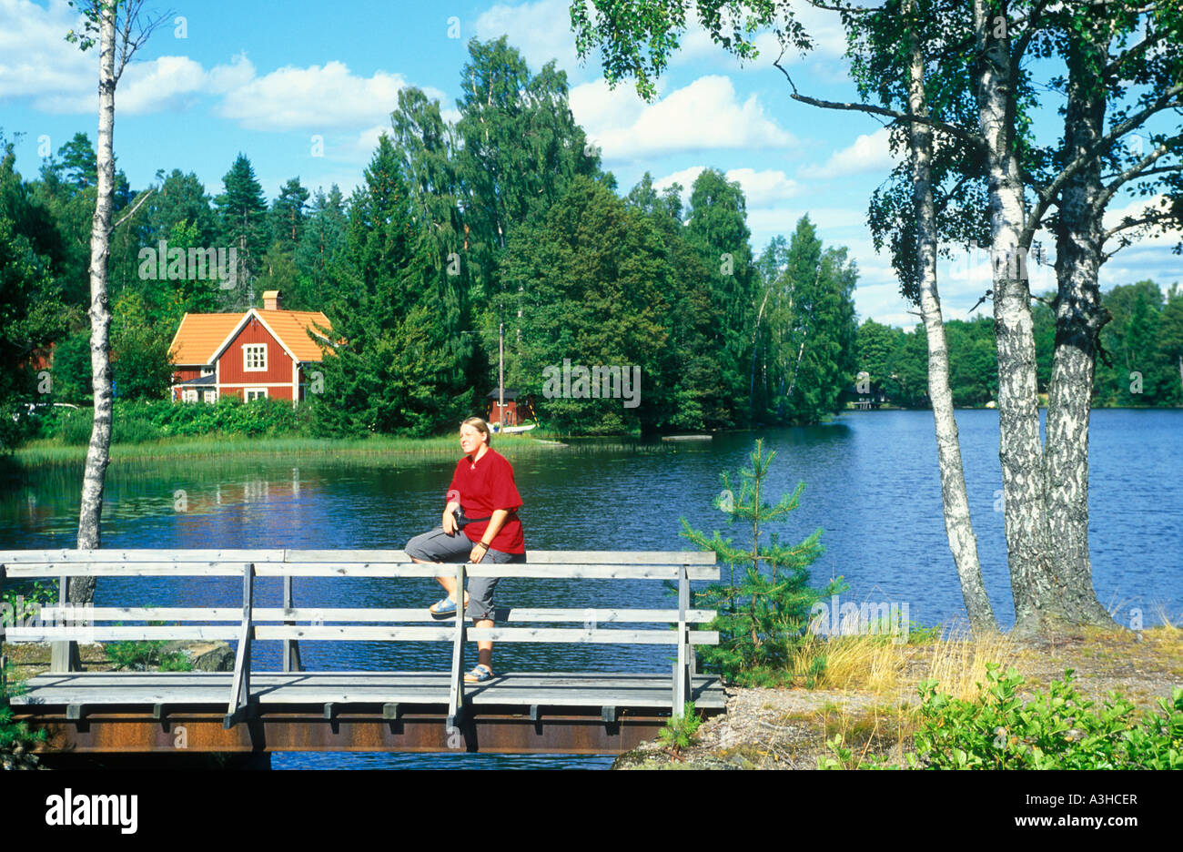 Maison en bois rouge au bord d'un lac près de Mo dans le sud de la Suède Banque D'Images