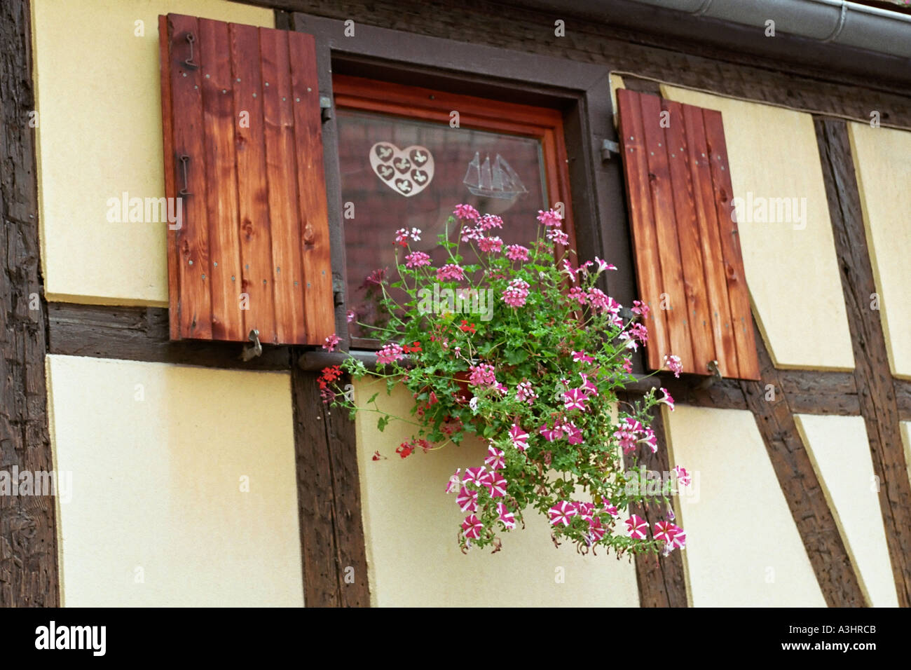 Fenêtre d'une maison traditionnelle alsacienne. Petite France de Strasbourg. Alsace, France. Banque D'Images