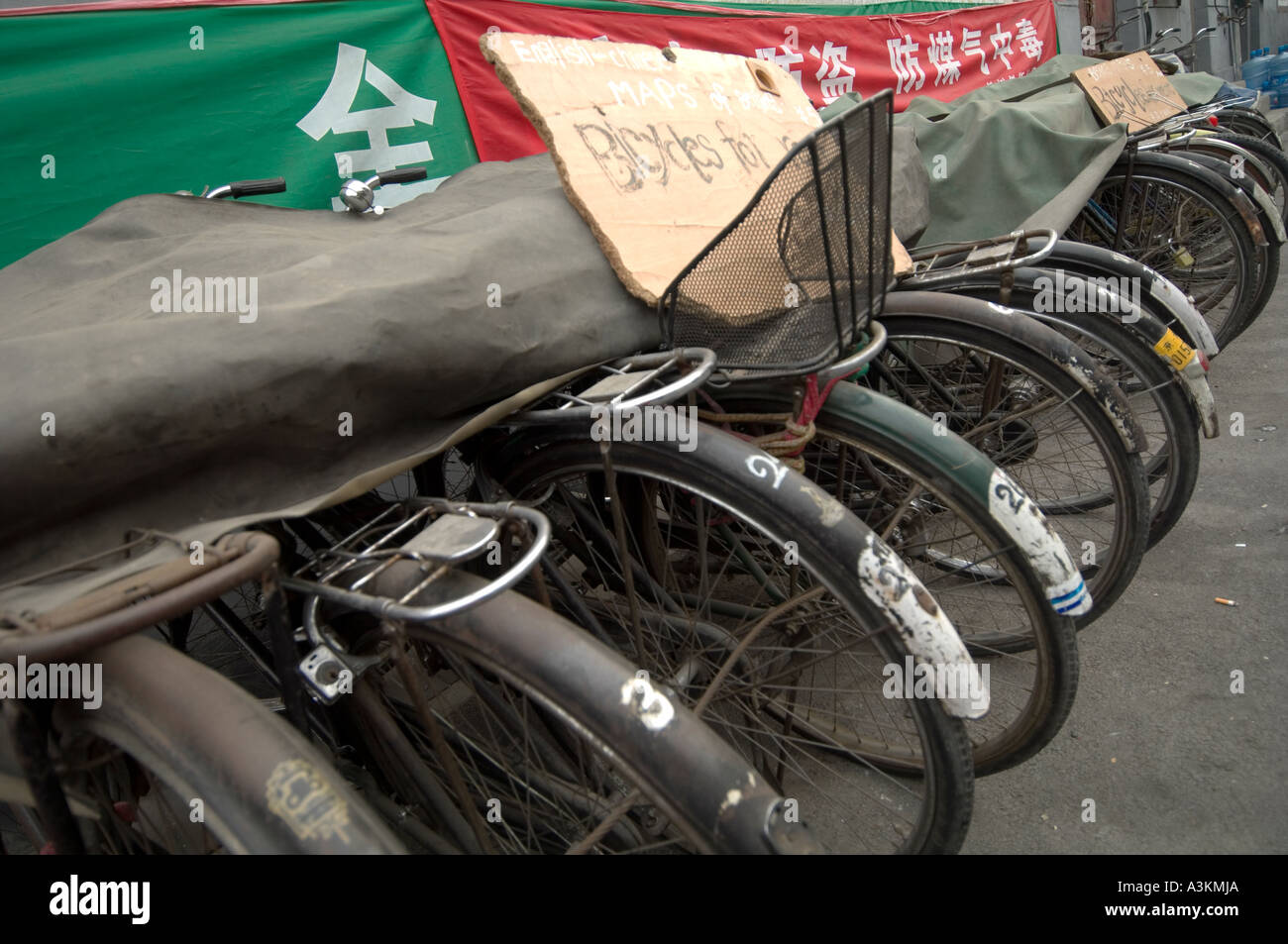 Pousser vélos à louer Banque D'Images