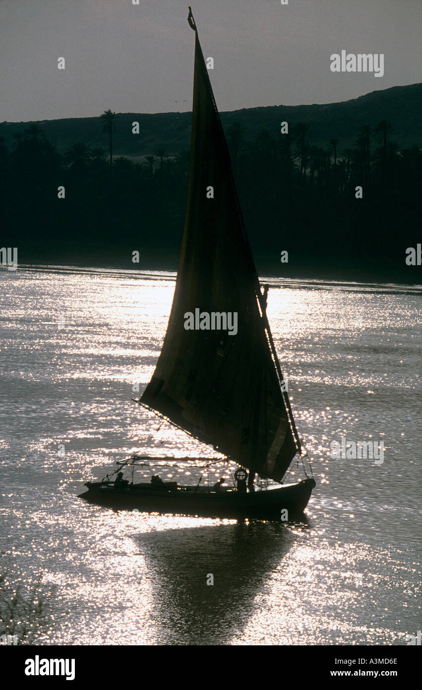 Felouque glisse le long fleuve du Nil en Egypte la lumière d'argent Banque D'Images