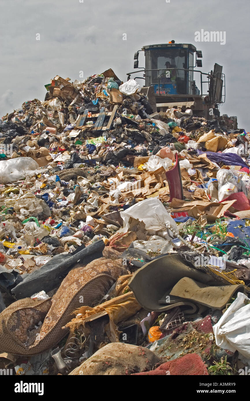 Le compactage de déchets ménagers sur un site d'enfouissement Banque D'Images