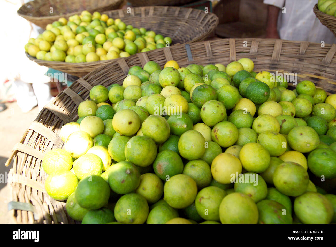 Paniers de limes, Devaraja Marché de Fruits et légumes, Mysore, Inde Banque D'Images