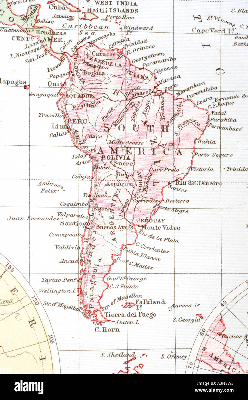 Carte ancienne de l'Amérique du Sud avec les pays de couleur Banque D'Images