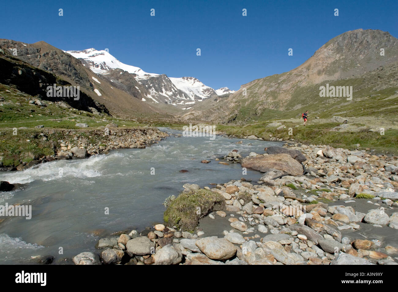 Randonneur en short rouge, Plimabach river dans la région de Martell valley avec le glacier Cevedale en arrière-plan Banque D'Images