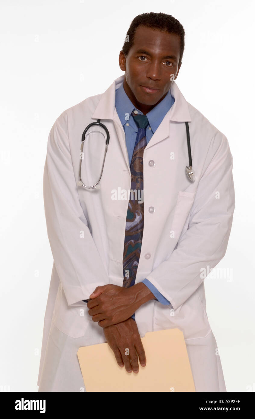 Libre d'African American Male Wearing White Coat GP USA Banque D'Images