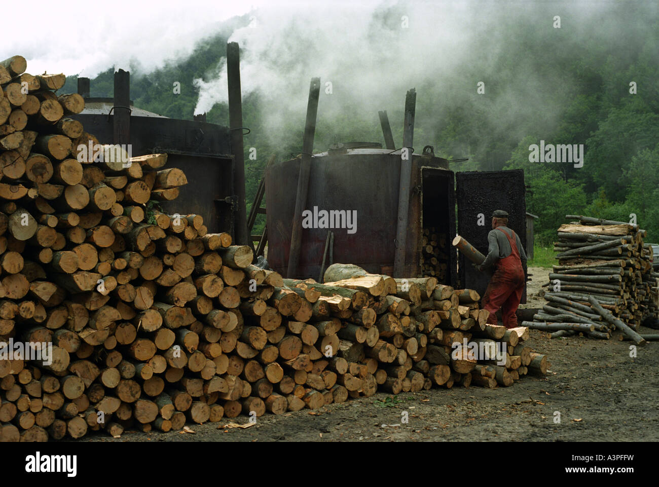 Foyer à charbon travaillant sur la production de charbon dans les Bieszczady, Smerek, Pologne Banque D'Images
