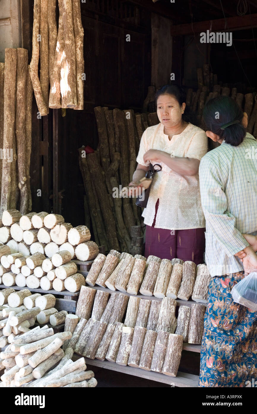 La vente de bois Thanaka Murraya Exotica, Bago, MyanmarBago, Myanmar Banque D'Images