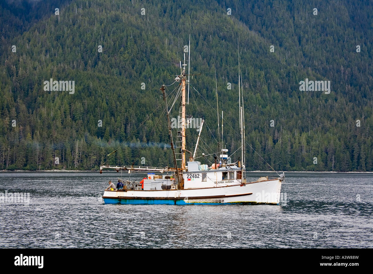 Bateau de pêche dans le détroit de Johnstone l'île de Vancouver, Canada Banque D'Images