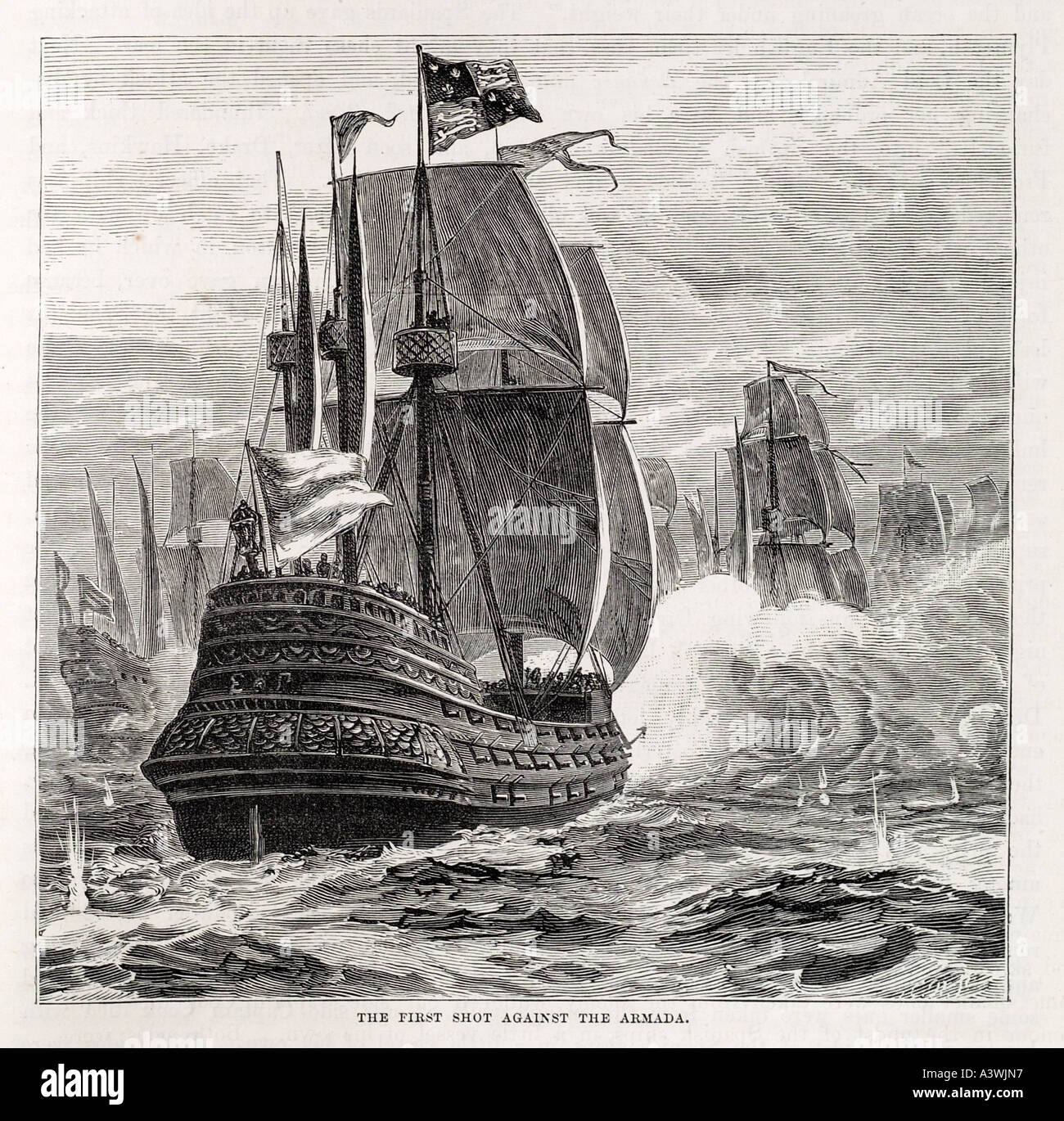 La guerre Espagne Angleterre armada Espagnol Anglais navire de combat de la flotte de la mer de l'eau fumée canon nelson conflit galleon marine mât marit Banque D'Images