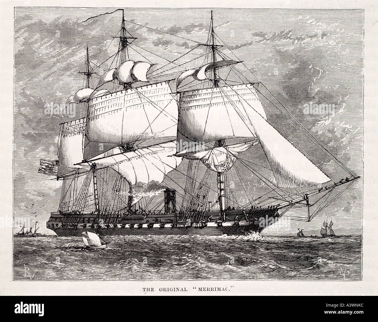 Frégate merrimac avant la conversion à l'avant guerre confédérée de fer vêtu mât voile bateau à vapeur vapeur USA marine marine de guerre civile marit Banque D'Images