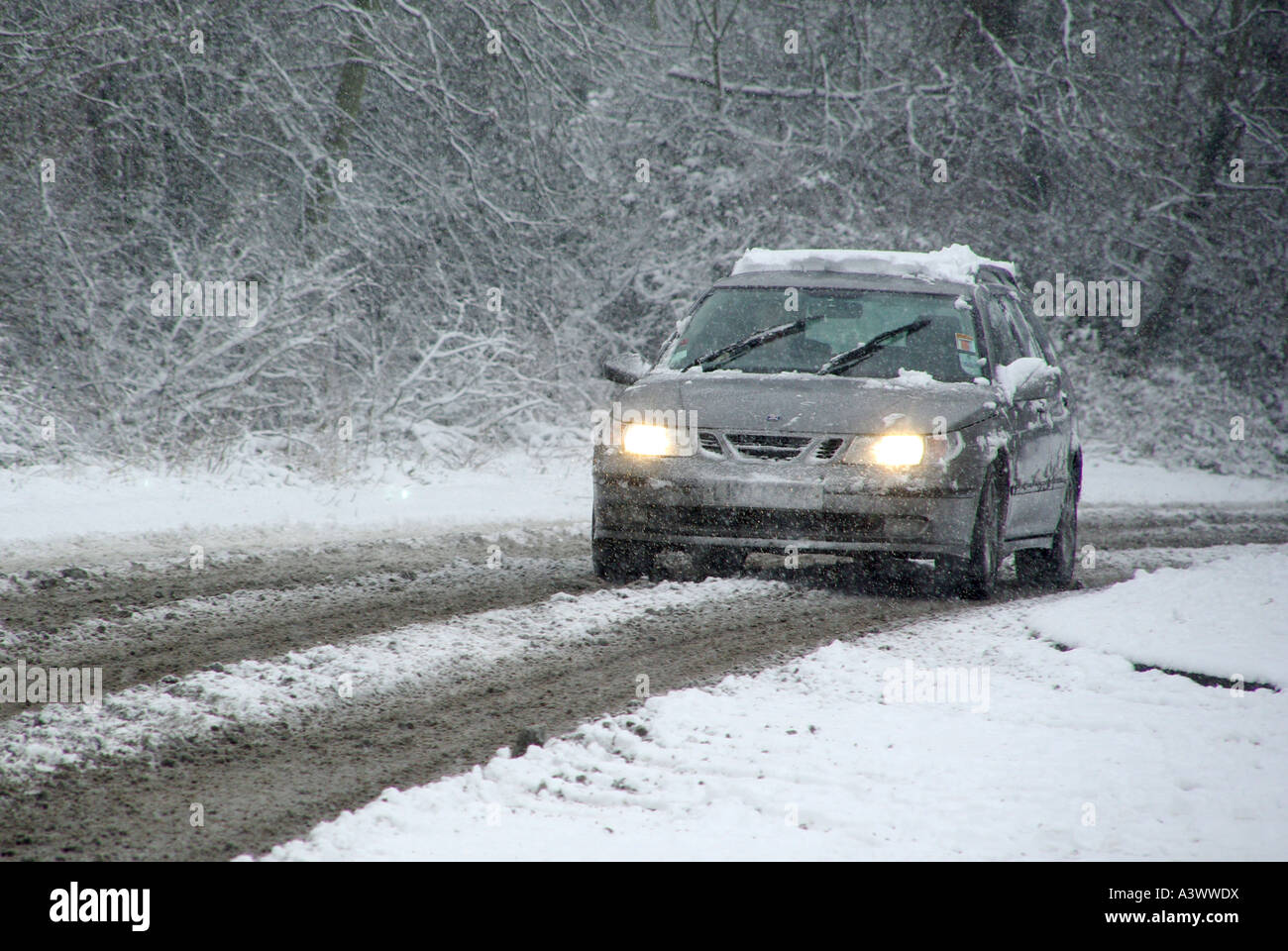 Route de campagne avec la neige qui tombe le long de la conduite de voiture sur surface mouillée Banque D'Images
