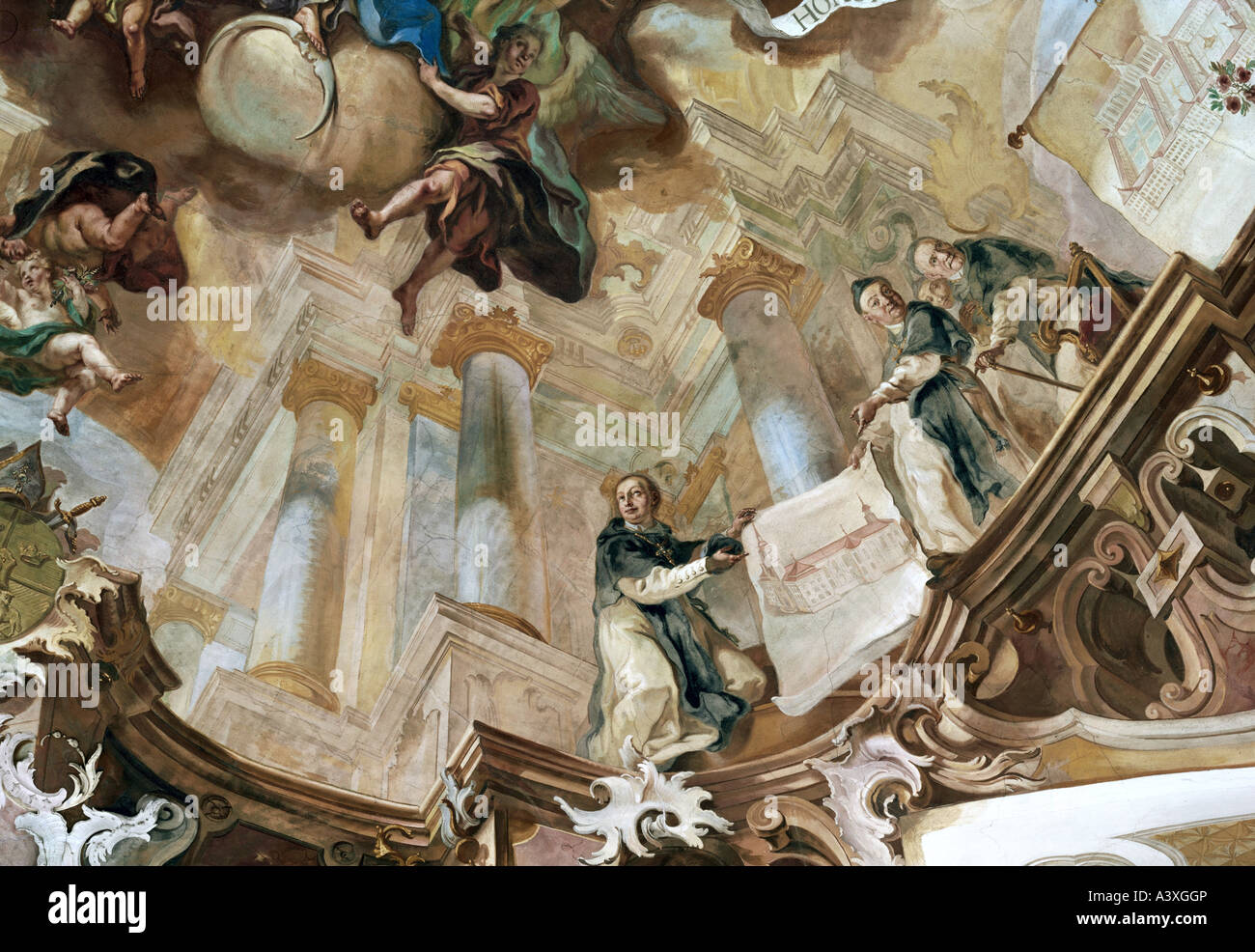 Beaux-arts, Saint Marie, Marie comme Reine du Ciel, fresque, détail, les moines holding, avec de l'inscription de l'église, par Gottfried Bernh Banque D'Images