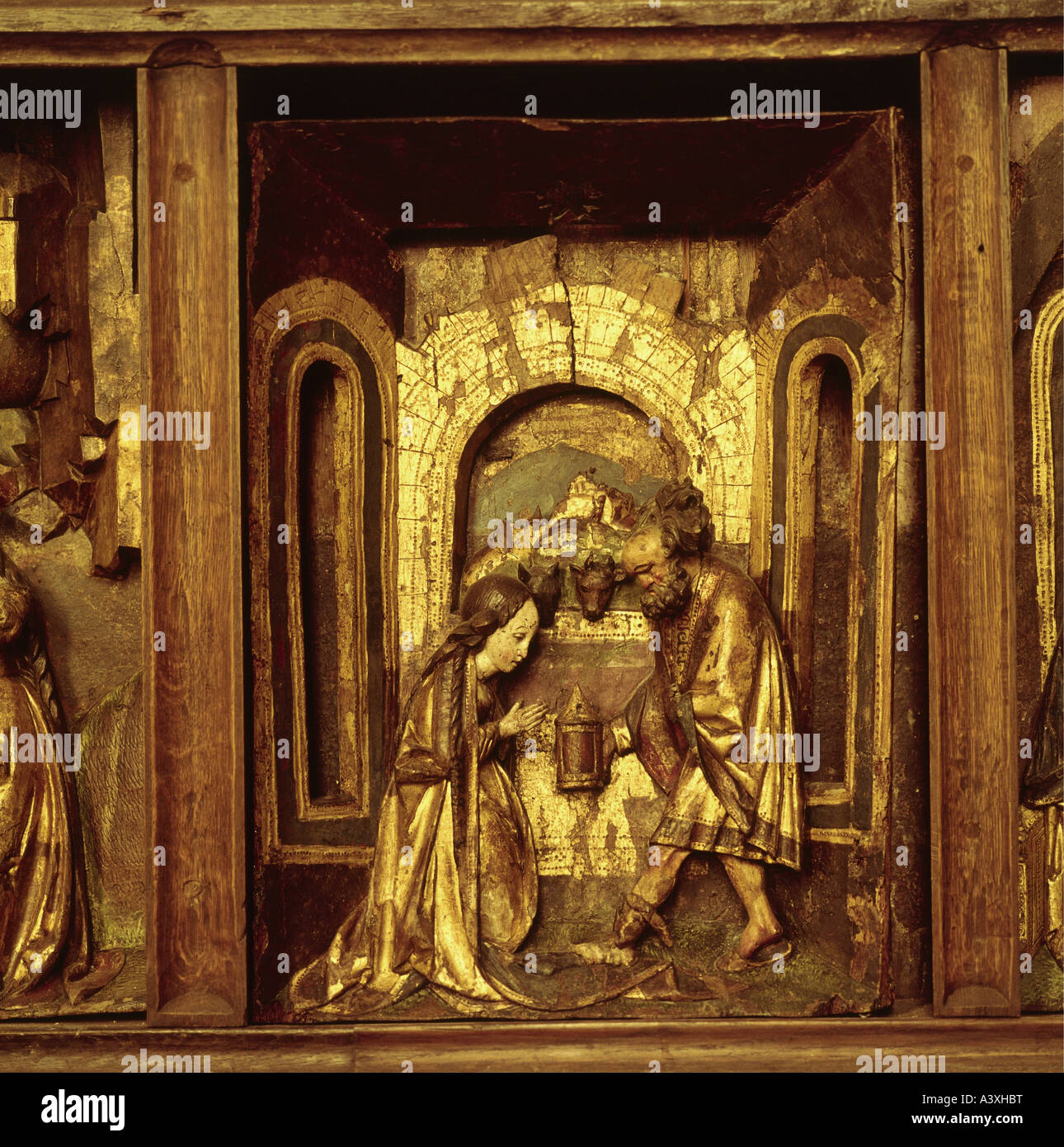 Beaux-arts de l'art religieux Jésus Christ naissance relief sculpture en bois peint Brabant autel du xve siècle de Saint Mary dans l'AEM Banque D'Images