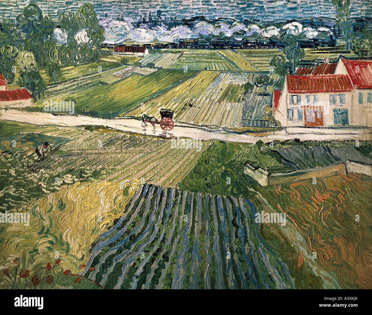 'Fine Arts, Vincent van Gogh, (1853 - 1890), peinture, 'Paysage avec l'élévateur et de former dans l'arrière-plan', 1890, huile sur Banque D'Images