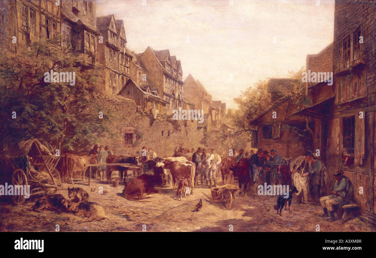 'Fine Arts, Burger, Anton, (1824 - 1905), peinture, Viehhof «Frankfurter mit Herberge ZUR GOLDENEN Luft', ('bovins Francfort Banque D'Images