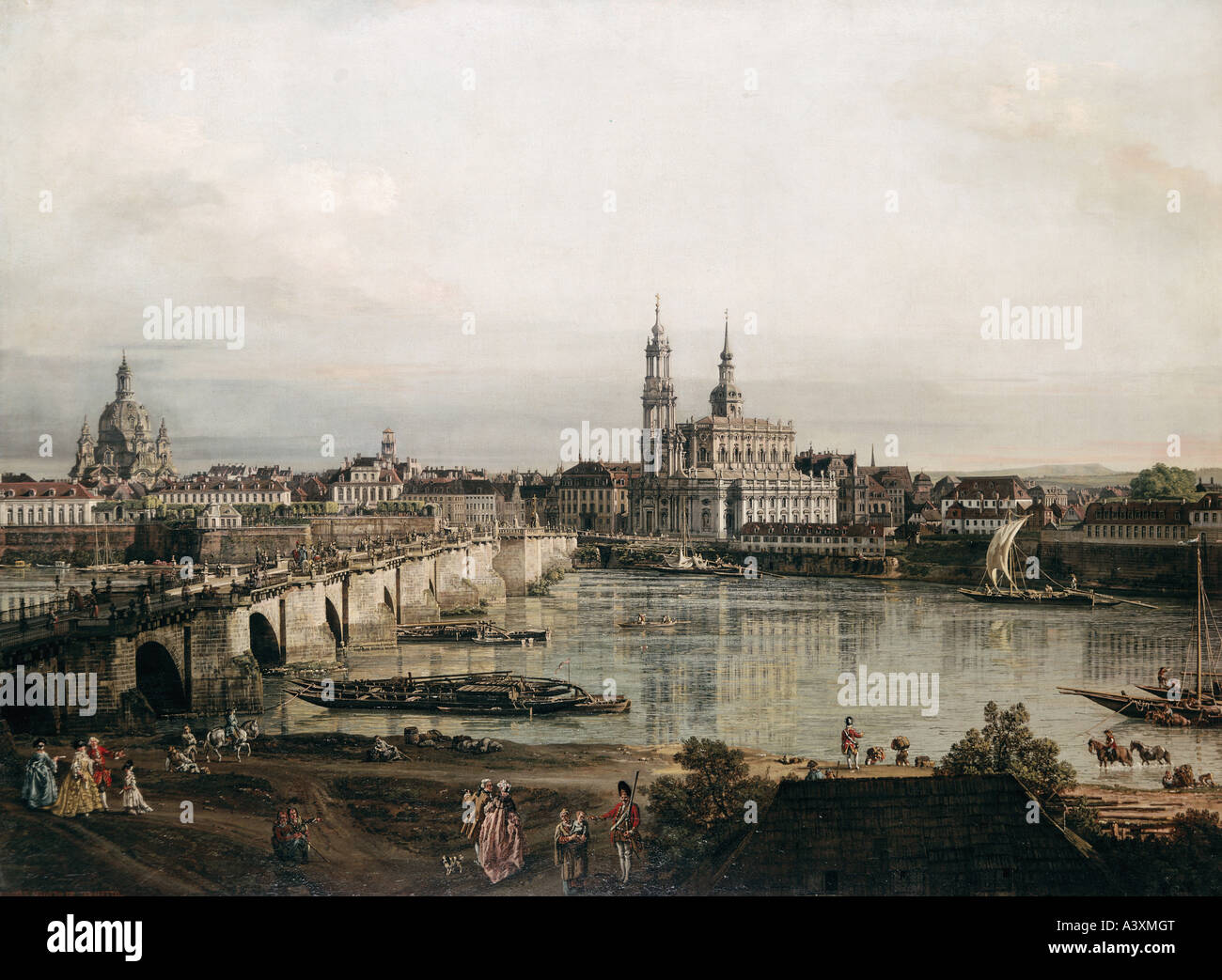 'Fine Arts, Bellotto, Bernardo, appelé Canaletto, (1722 - 1780), peinture, 'vue sur Dresde Neustadt', pont de 1765, art. Banque D'Images