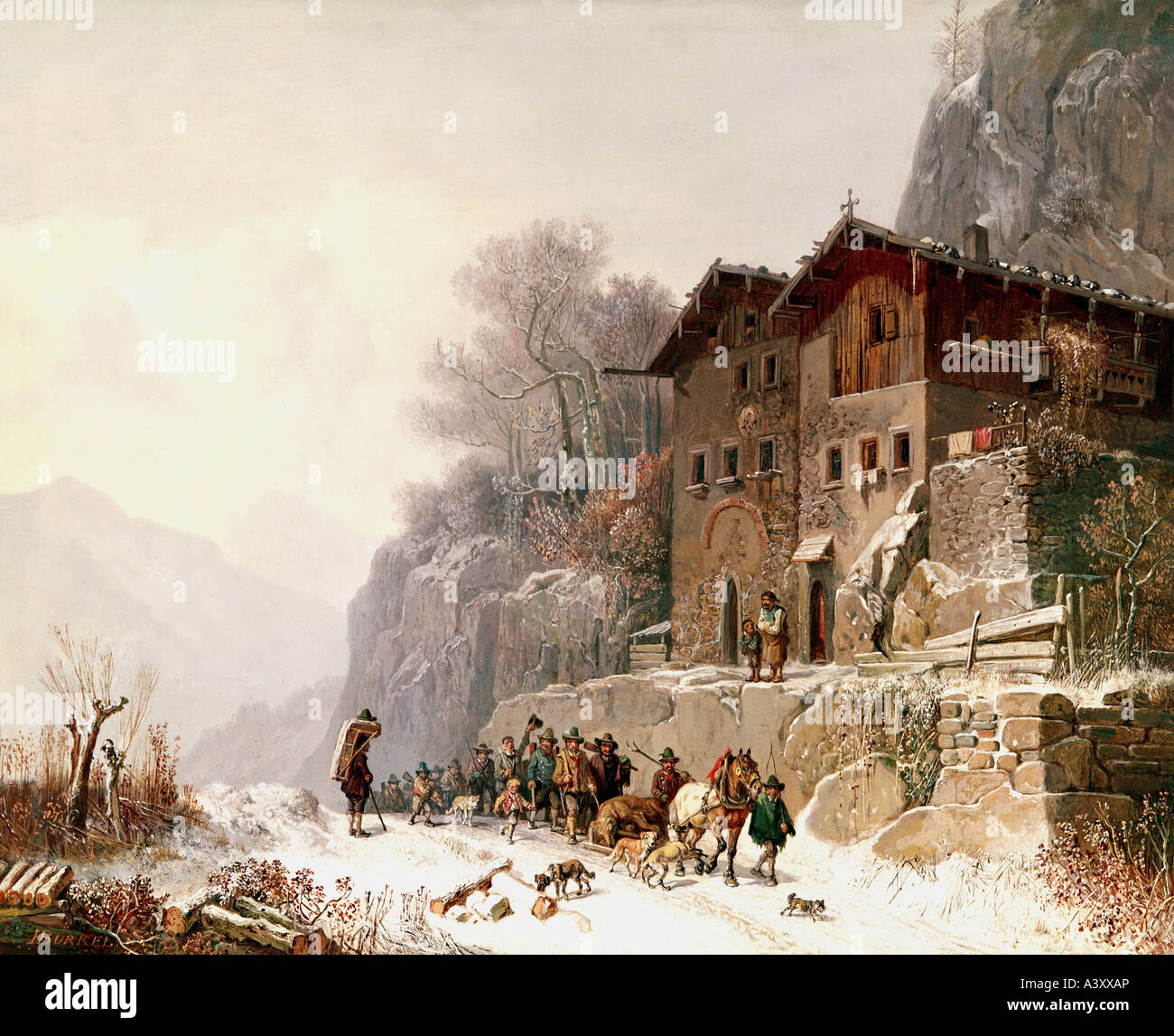 'Fine Arts, Heinrich Bürkel,, (1802 - 1869), peinture, 'Heimkehr von der Bärenjagd', 'retour (à partir de la bear hunt'), 19e siècle Banque D'Images