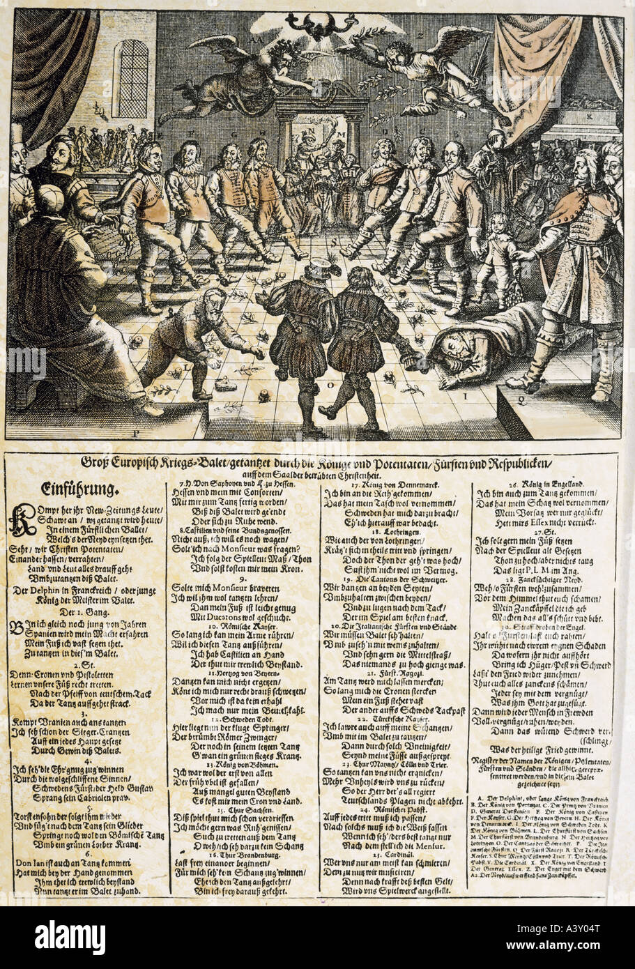 Evènements, Guerre de trente Ans 1618 - 1648, caricature, ballet de guerre européen, flyer, gravure couleur, Allemagne, après 1632, collection privée, , Banque D'Images
