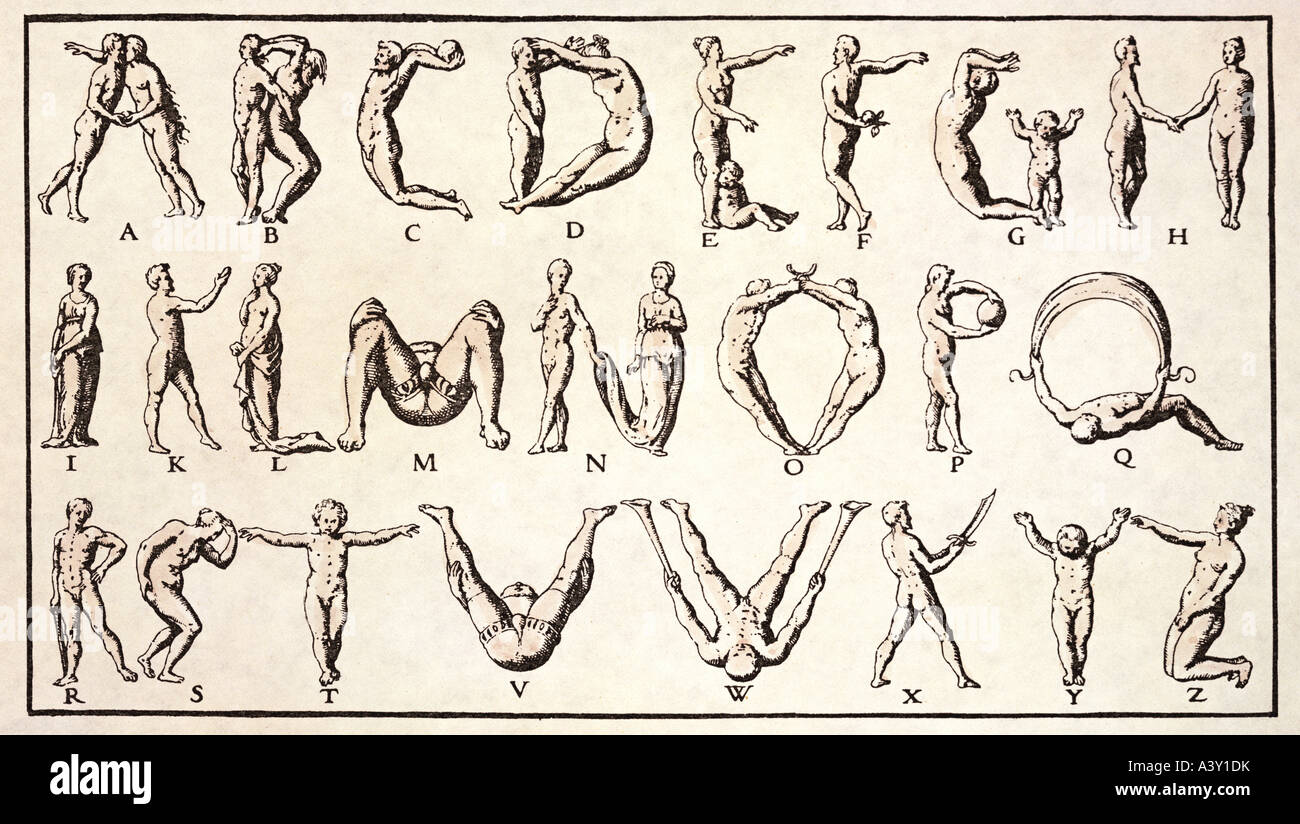 Écriture, alphabet, initiales faites de corps humains, gravure de Johann Theoder et Johann Israel de Bry, de 'Alphabeta et Carteres', Francfort, Allemagne, 1596, collection privée, , Banque D'Images