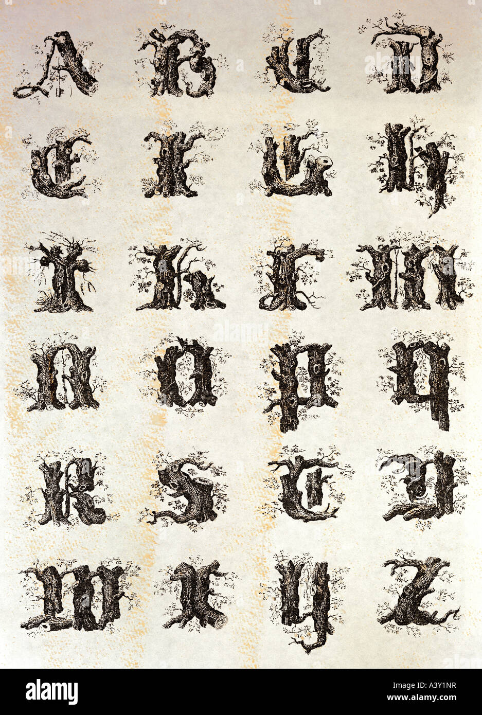 Écriture, alphabet, initiales en bois, par Joseph Balthazar Silvestre, de 'Alphabet Album', Paris, France, 1843, collection privée, Banque D'Images