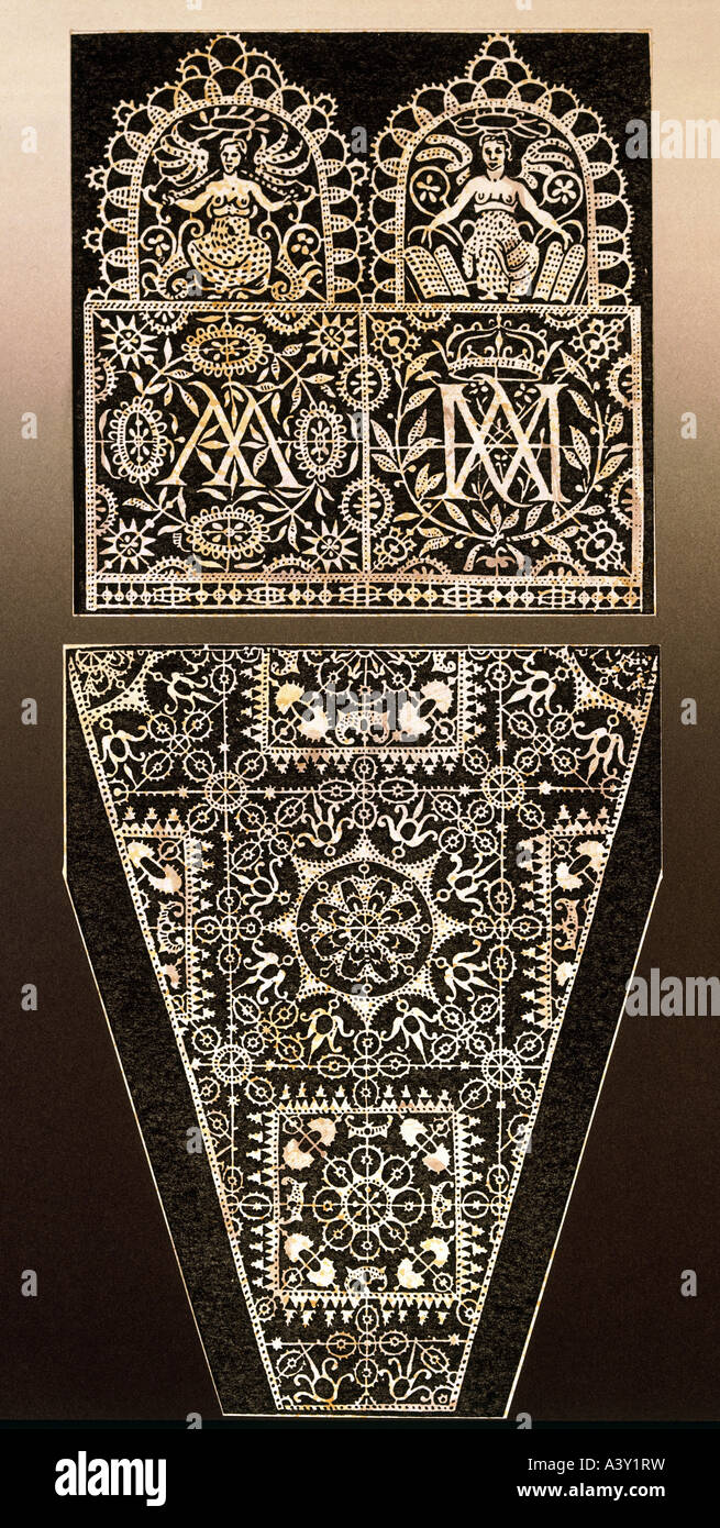 Textile / tissu, dentelle, modèle avec initiales AA et AM, par Frederic de Vinciolo, Paris, France, 1606, Banque D'Images
