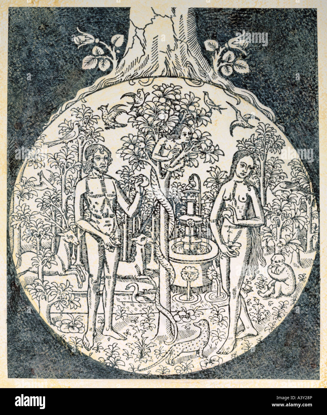 Beaux-arts, art religieux, Adam et Eve, le paradis, avec fontaine et l'eau de vie, gravure, illustration, France, vers 1500, na Banque D'Images