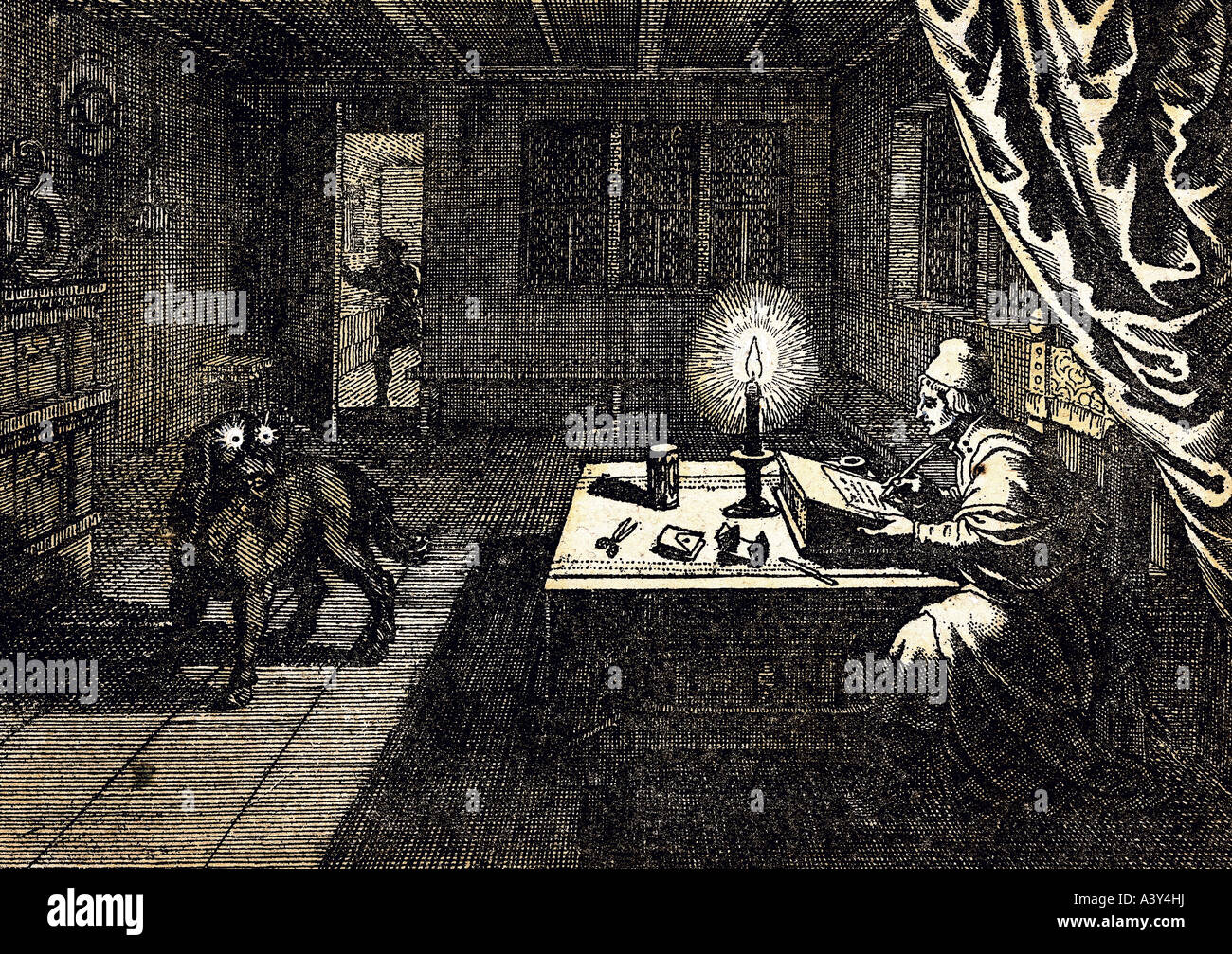La superstition, la nécromancie, Nécromant invoquant ghost en forme de chien, gravure, par Matthäus Merian l'Ancien, (1593 - 1650), à partir de 'Chronika', par A.Gottfried, Francfort, 1674, collection privée, l'artiste n'a pas d'auteur pour être effacé Banque D'Images