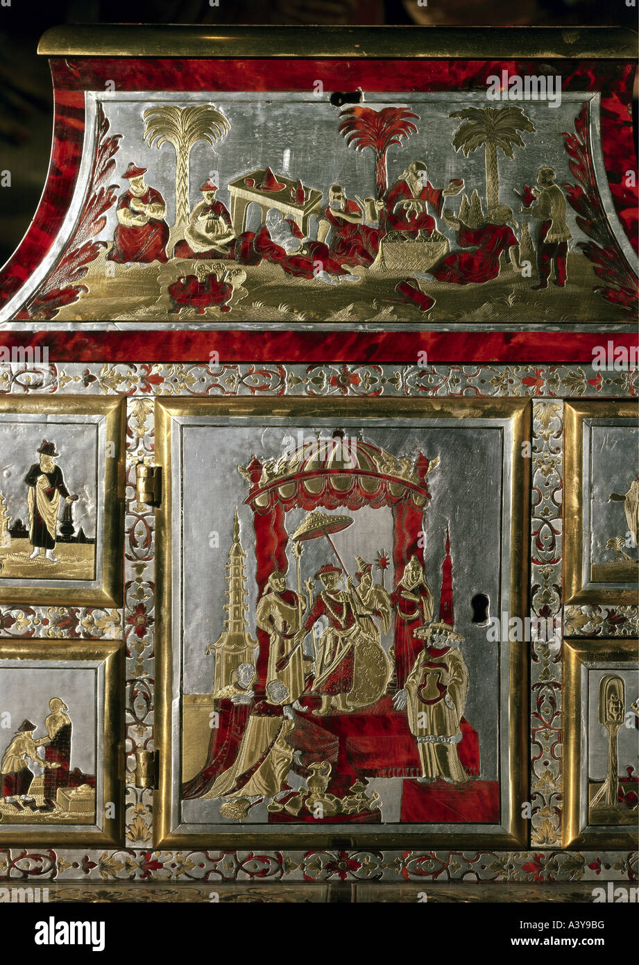 Beaux-arts, mobilier, ddesk, pièce jointe, détail, scènes de Chine, Anvers, vers 1705, métal, argent, doré, écaille, B Banque D'Images