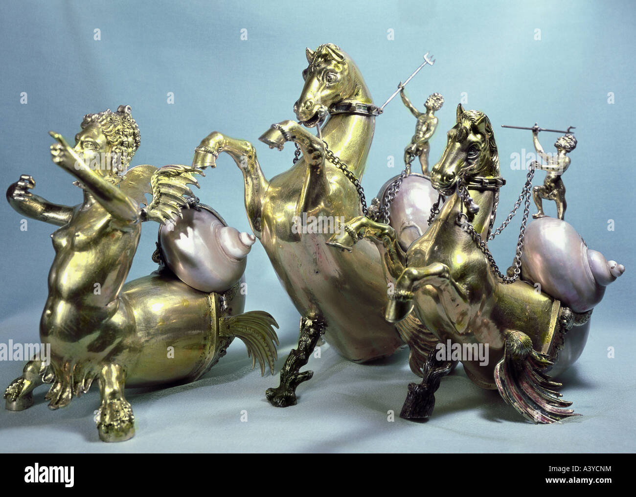 Beaux-arts, pièce centrale, trois navires, sirène et Neptune circonscription hippocamps, par Elias Geyer, Leipzig, 16ème / 17ème siècle, gilde Banque D'Images