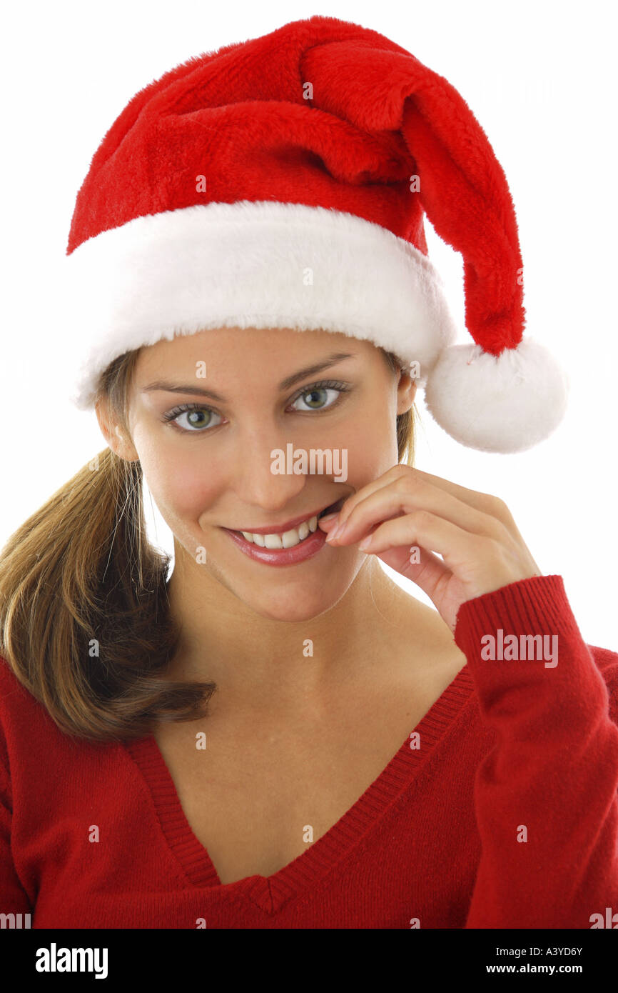 Jeune femme avec chapeau de Père Noël Banque D'Images
