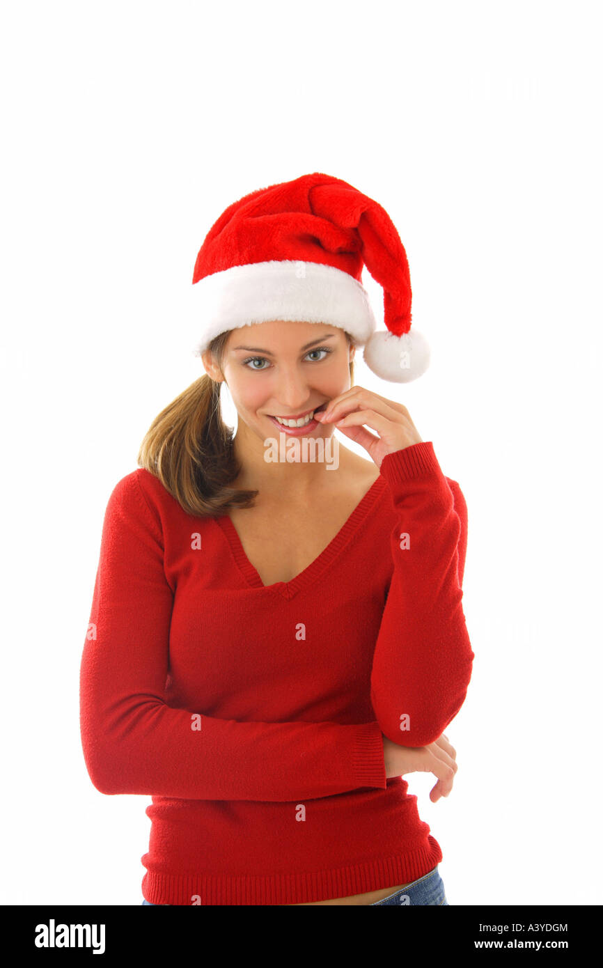 Jeune femme avec chapeau de Père Noël Banque D'Images