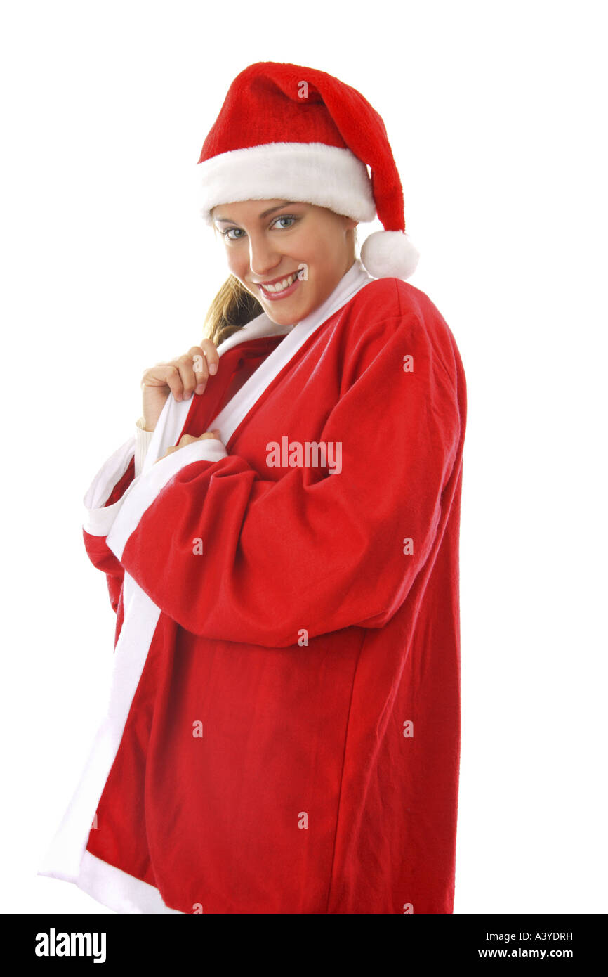 Jeune femme avec un costume de Père Noël Banque D'Images