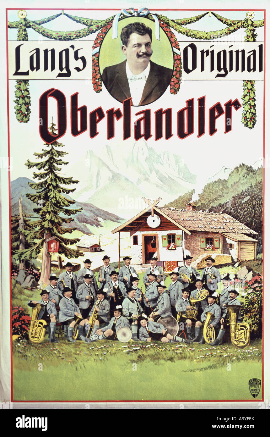 Musique, groupes de musique et musiciens, 'Lang's Original Oberlandler', affiche, lithographie de main et de photo, imprimé par Oskar Cousée, Munich, vers 1910, Musée Municipal, Munich, Banque D'Images