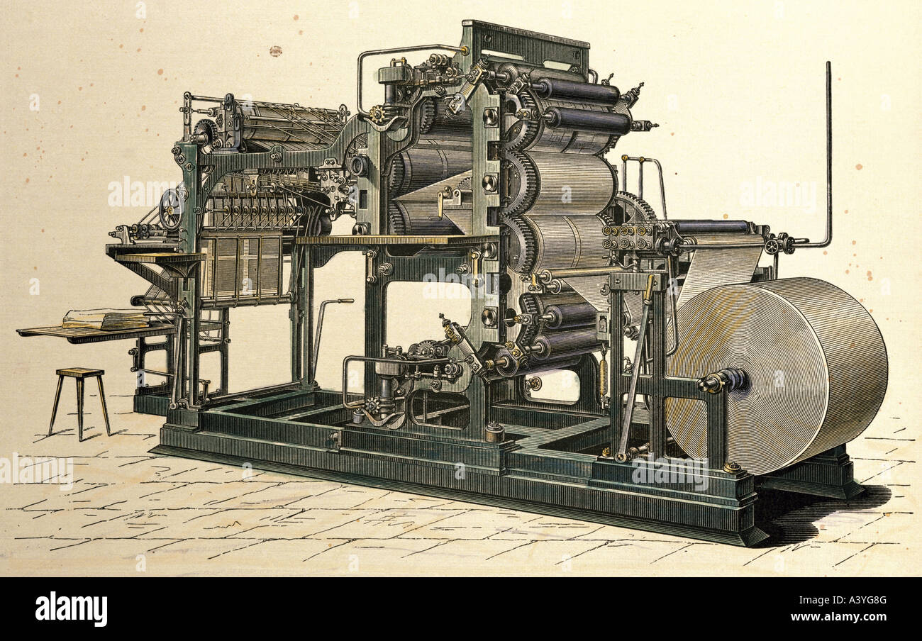 Technics, impression, première presse rapide rotative allemande, gravure couleur, vers 1880, Banque D'Images