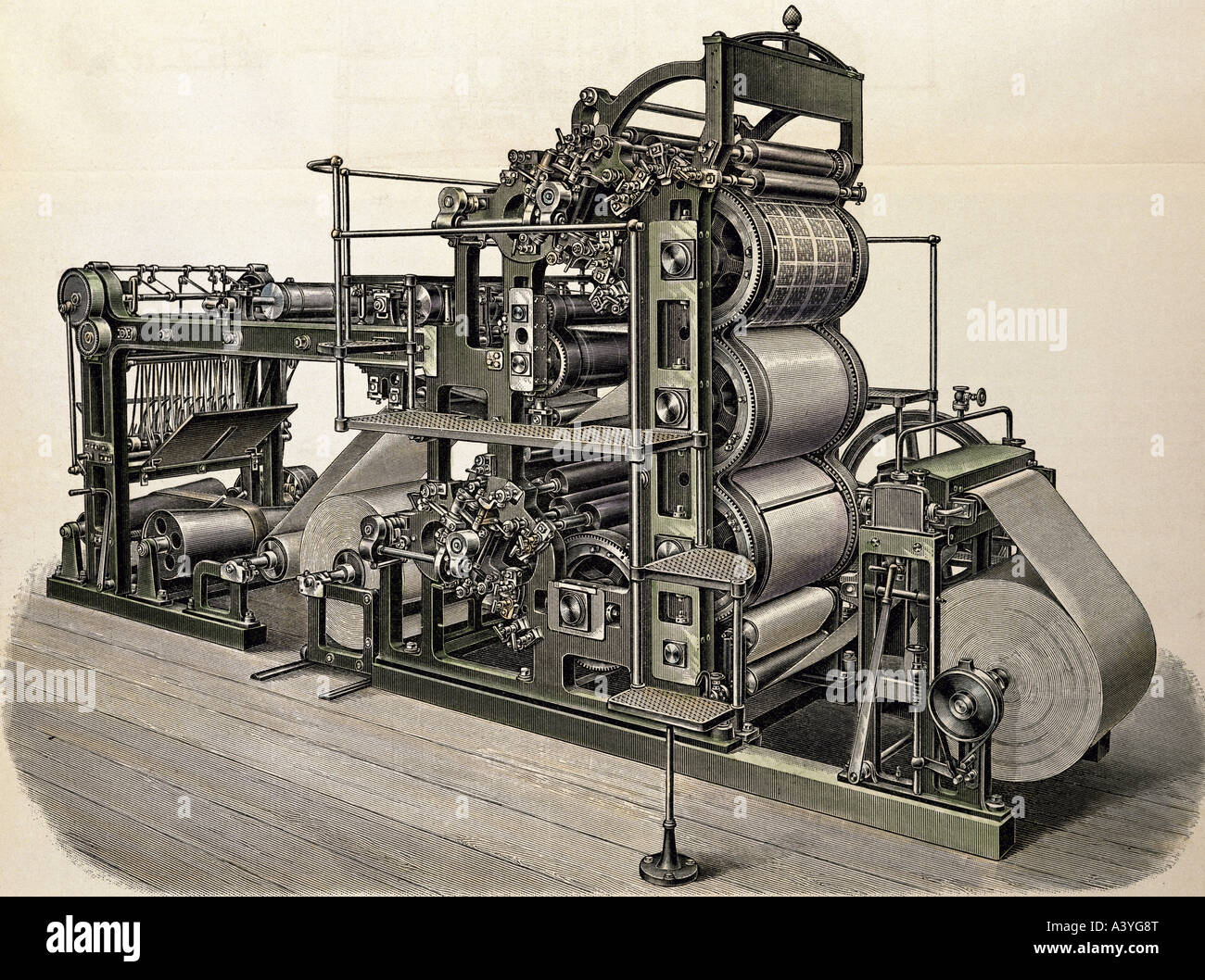 Technics, imprimerie, presse rapide à rotation double, construite par Maschinenfarbrik Augsburg (MAN AG), gravure couleur, vers 1890, Banque D'Images