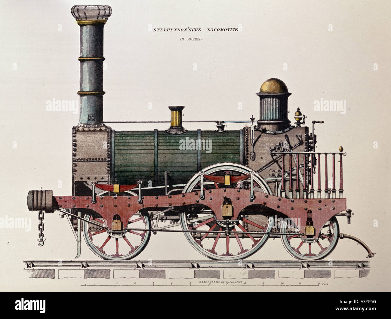 Transport / transport, chemin de fer, moteur à vapeur / trains, dessin de la locomotive Stephenson, gravure en acier couleur, Allemagne, vers 1845, Banque D'Images