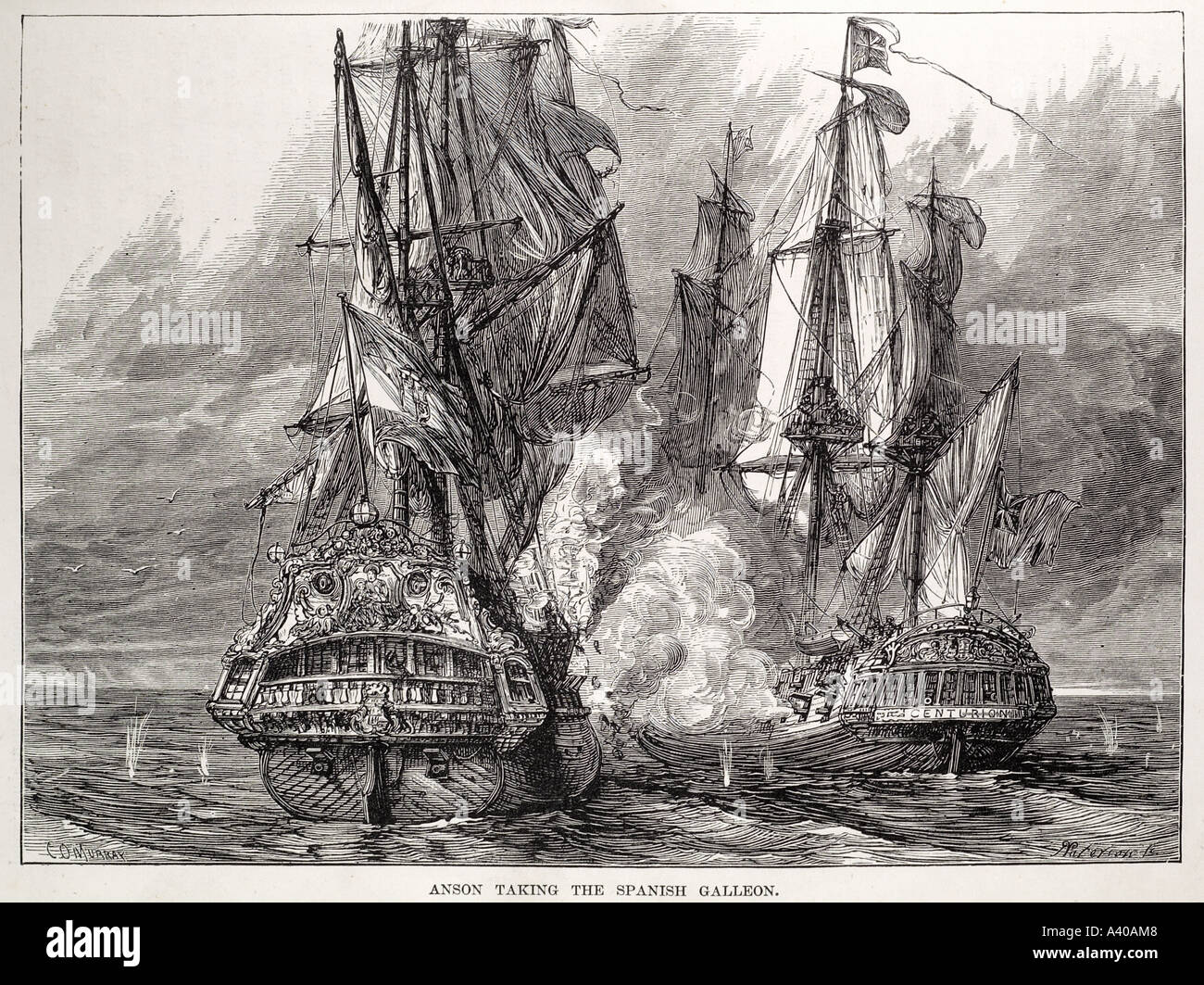 Espagne guerre anson canon espagnol lutte fumée feu bois voile nautique attaque maritime marine navy fleet battle armada Banque D'Images