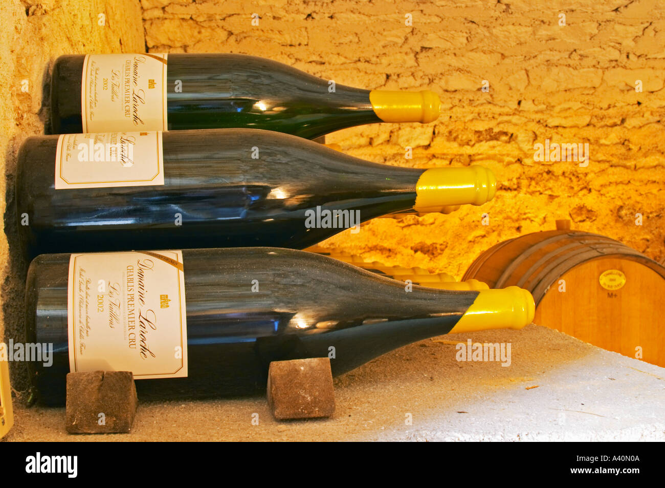 2008 bouteilles de Chablis Premier Cru Les Vaillons 2002 dans Domaine Michel Laroche's Cave privée Banque D'Images