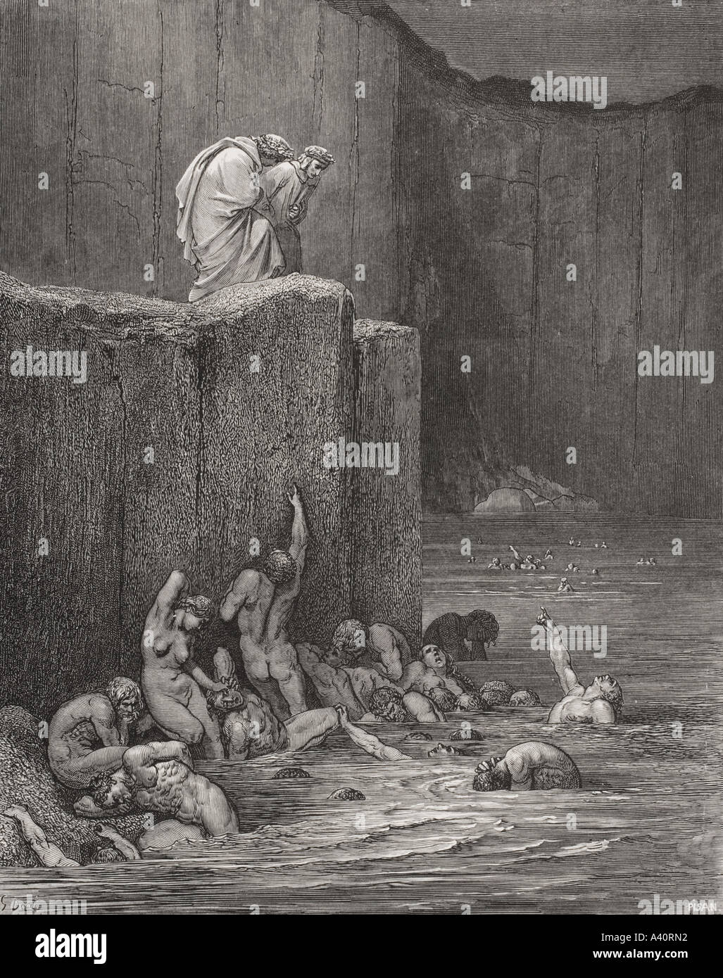 Gravure de Gustave Dore, 1832 -1883, artiste et illustrateur français pour l'Inferno de Dante Alighieri, Canto XVIII, lignes 116 et 117. Banque D'Images