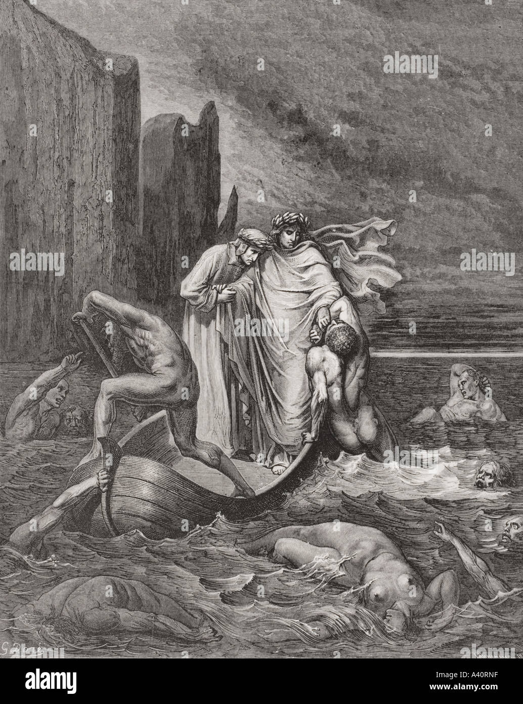 Gravure de Gustave Dore, 1832 -1883, artiste et illustrateur français pour l'Inferno de Dante Alighieri, Canto VIII, lignes 39 à 41. Banque D'Images