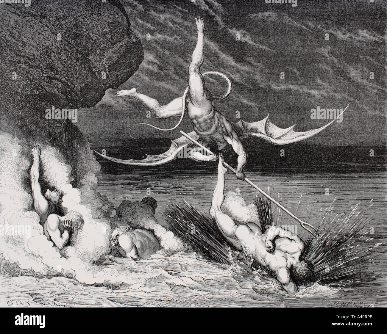 Gravure de Gustave Dore, 1832 -1883, artiste et illustrateur français, pour Inferno de Dante Alighieri, Canto XXII, lignes 125 - 126. Banque D'Images