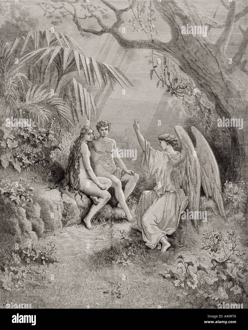 Illustration par Gustave Dore, 1832 - 1883. Artiste et illustrateur français, pour le paradis perdu de John Milton, livre V, lignes 468 à 470. Banque D'Images