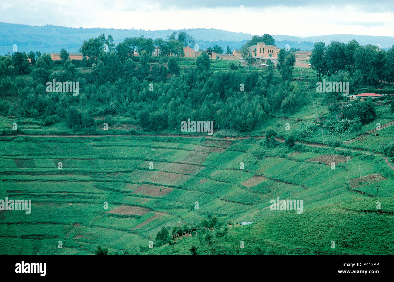 Une mission au milieu d'exploitations agricoles en terrasses Catholick dans des pays dans le nord du Rwanda Banque D'Images