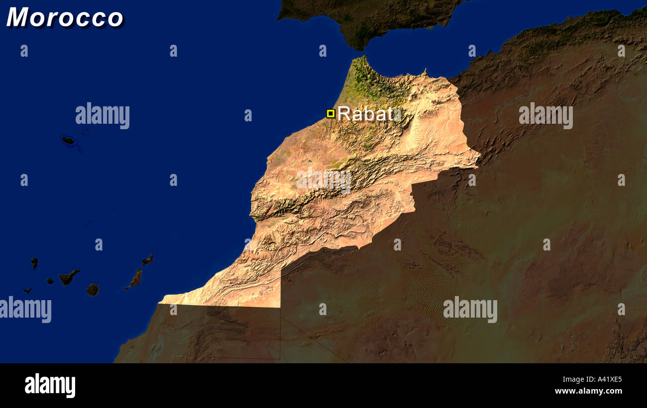 Image satellite du Maroc avec Rabat a mis en lumière Banque D'Images