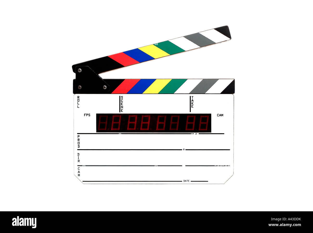 Code temps c.-à-d'Ardoise Clapper Board sur un fond blanc c.-à-d Deepetched Banque D'Images