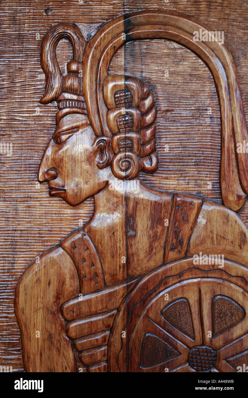 Maya Mexique porte sculptée en bois Banque D'Images