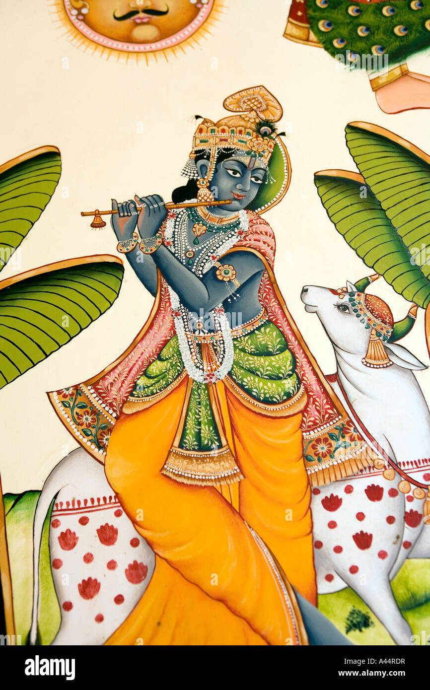 Inde Rajasthan Palkiya Haveli Kota peinture murale modernes de haute qualité de Krishna jouant de la flûte Banque D'Images