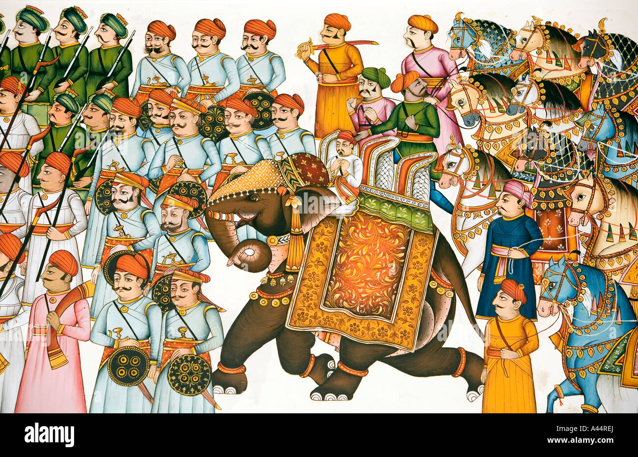 Inde Rajasthan Palkiya Haveli Kota peinture murale modernes de haute qualité de scène martiale royal Banque D'Images