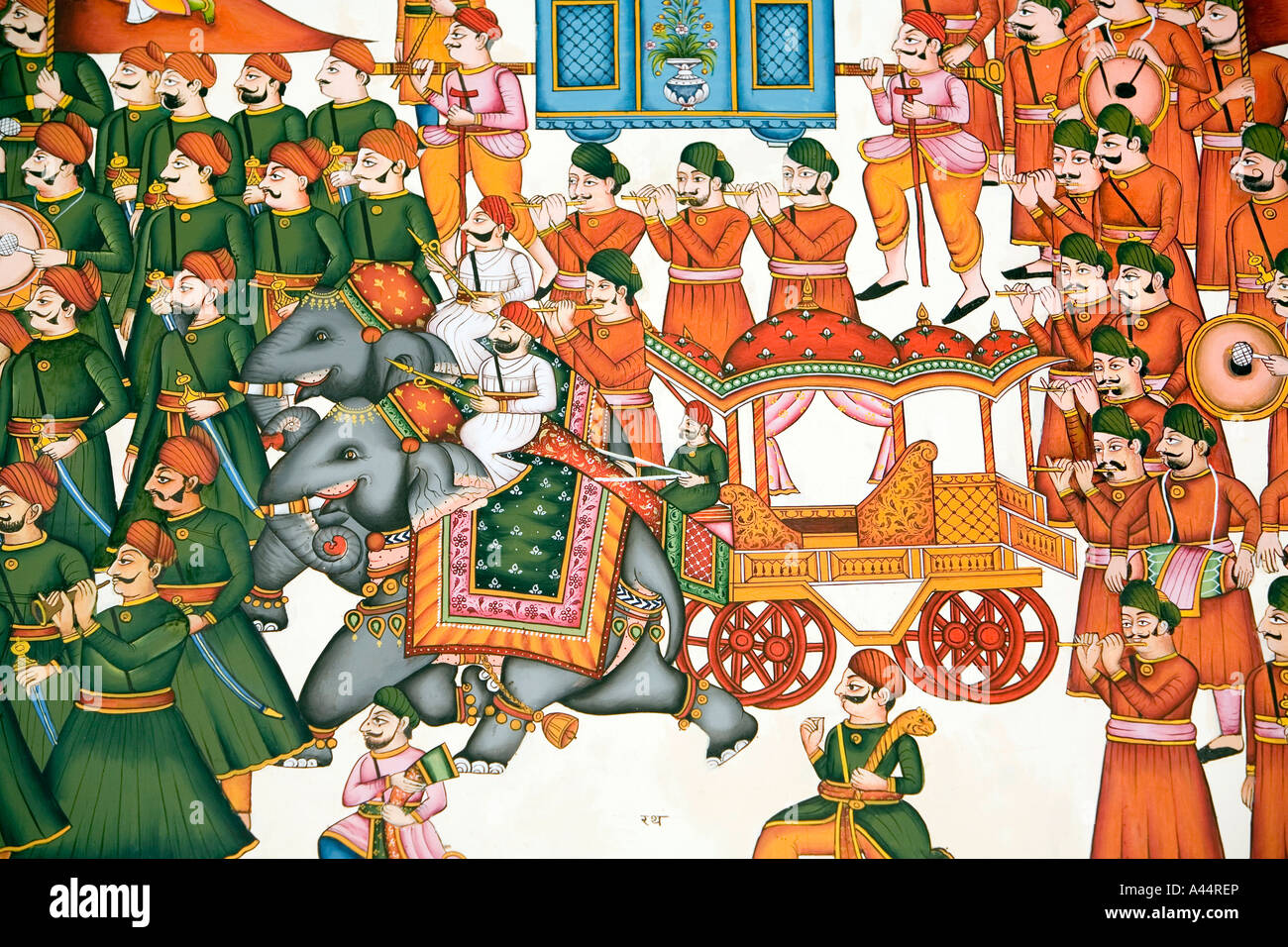 Inde Rajasthan Palkiya Haveli Kota peinture murale modernes de haute qualité de scène martiale royal Banque D'Images