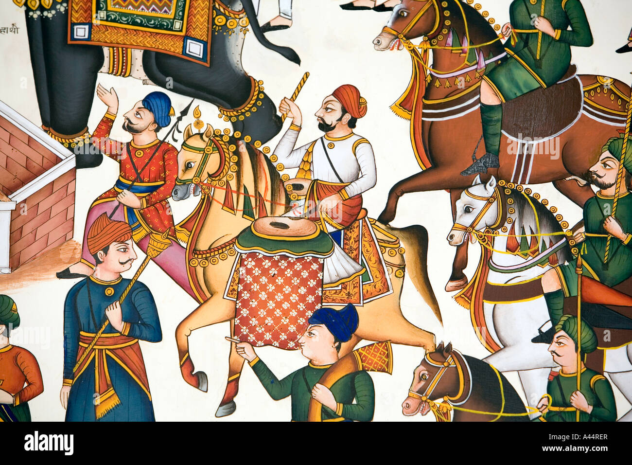 Inde Rajasthan Palkiya Haveli Kota peinture murale modernes de haute qualité de scène martiale royal Banque D'Images